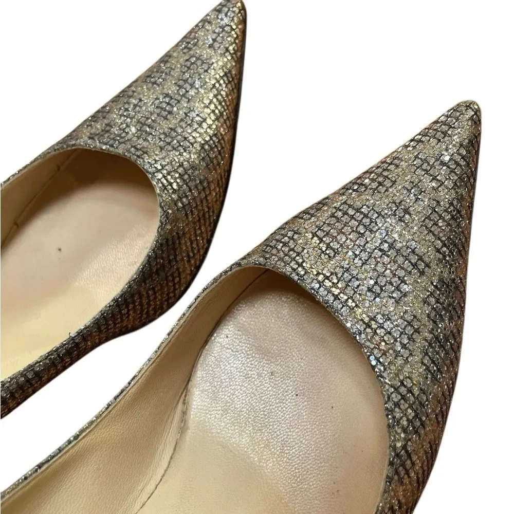 Jimmy Choo Leopard Glitter Pointed Toe Gold Heels Pumps Italy Made 39 1/2 9.5